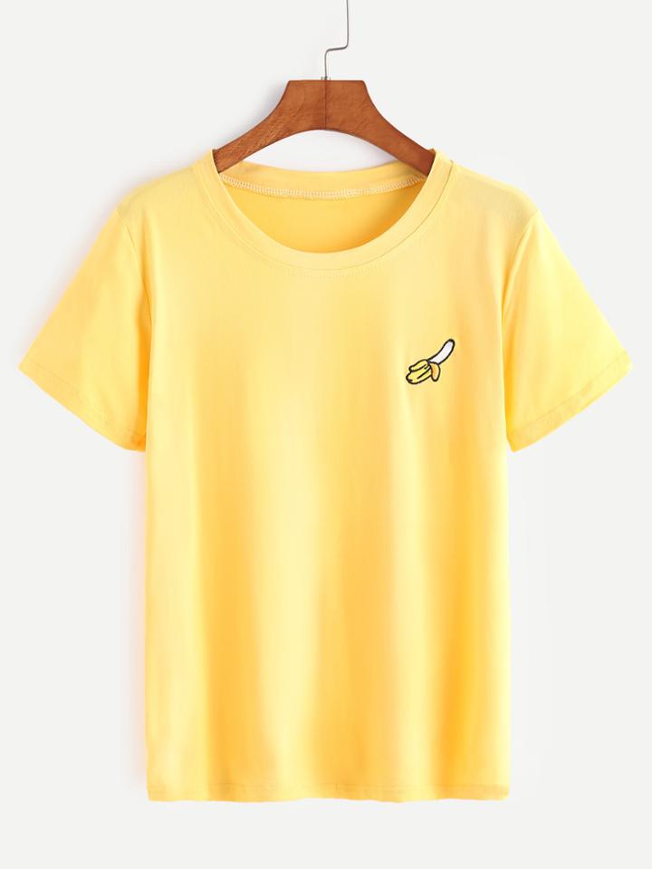 Romwe Yellow Banana Embroidery T-shirt