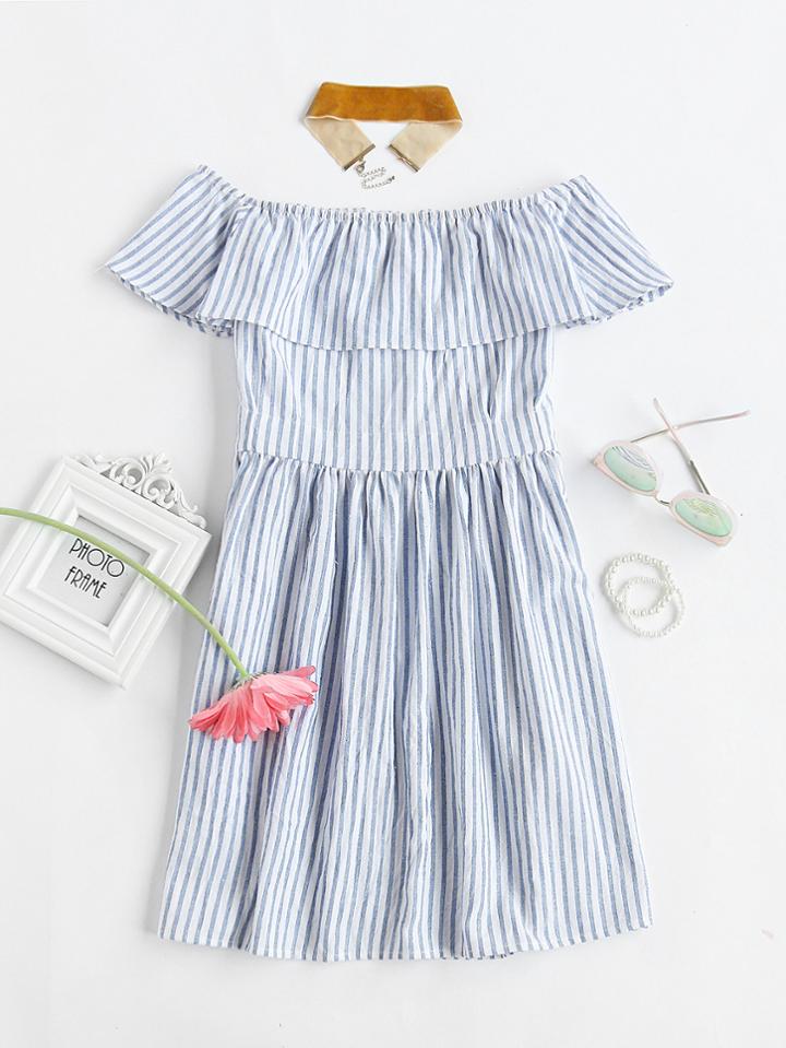 Romwe Flounce Layered Vertical Stripe Open Back Smock Dress