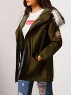 Romwe Hooded Faux Fur Patch Parka Coat With Pockets