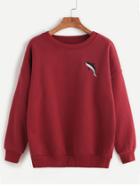 Romwe Burgundy Dropped Shoulder Seam Dolphin Embroidery Sweatshirt