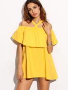 Romwe Yellow Crossover Cold Shoulder Ruffle Dress