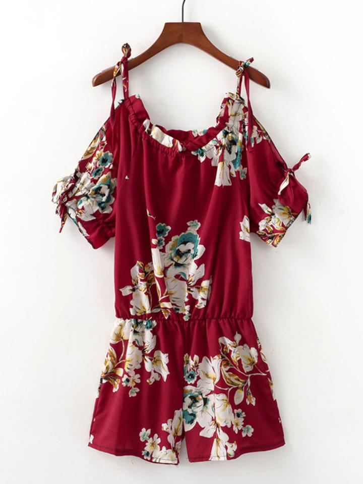 Romwe Floral Print Drawstring Sleeve Romper