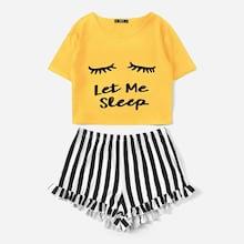 Romwe Plus Graphic Print Tee & Striped Ruffle Shorts Pj Set