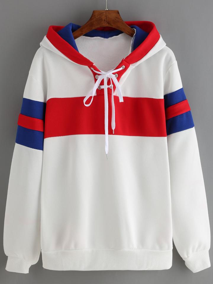 Romwe Hooded Striped Lace Up White Sweatshirt
