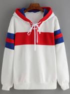 Romwe Hooded Striped Lace Up White Sweatshirt