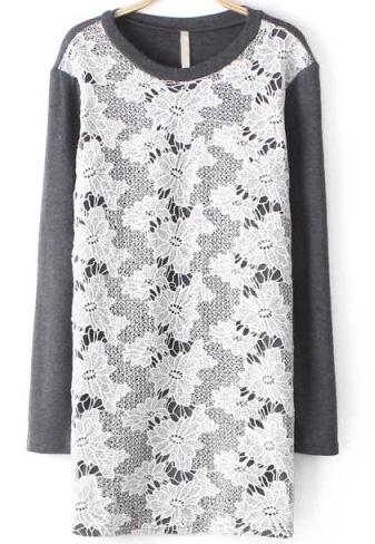 Romwe Grey Long Sleeve Contrast Lace Slim Dress