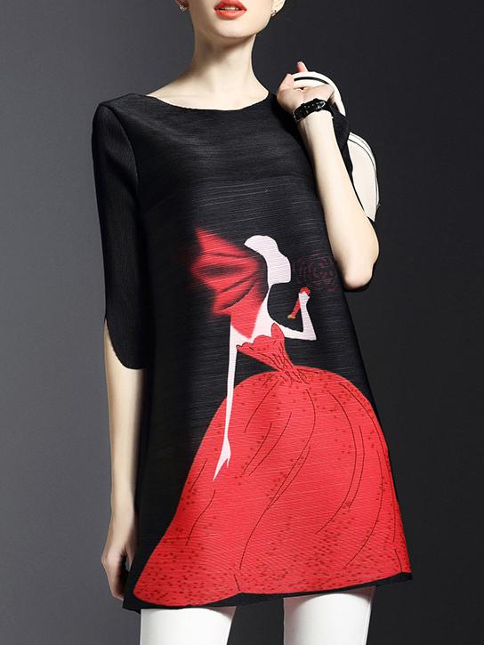 Romwe Black Elastic Pleated Character Print Shift Dress