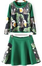 Romwe Back Zipper Squirrel Print Top With Green Skirt