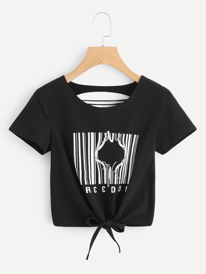 Romwe Ripped Back Knot Front Crop Tee
