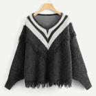 Romwe Fringe Trim Dolman Sleeve Chevron Jumper