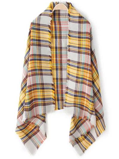 Romwe Plaid Fringe Yellow Grey Scarf