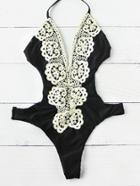 Romwe Contrast Lace Crochet Plunge Neck One Piece Swimwear