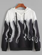 Romwe Black White Octopus Print Drawstring Hooded Sweatshirt