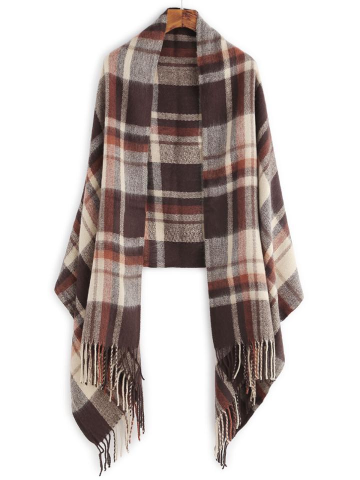 Romwe Brown Plaid Fringe Edge Shawl Scarf