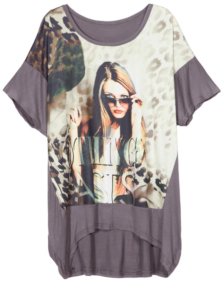 Romwe Dip Hem Beauty Print Loose Grey T-shirt