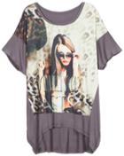 Romwe Dip Hem Beauty Print Loose Grey T-shirt