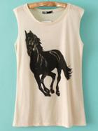 Romwe Beige Horse Print Sleeveless Top