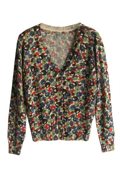Romwe Little Painting Floral Knitted Cardigan