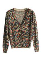 Romwe Little Painting Floral Knitted Cardigan