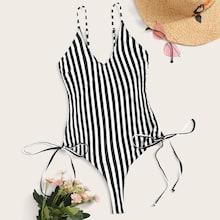 Romwe Striped Drawstring Side One Piece Swimsuit
