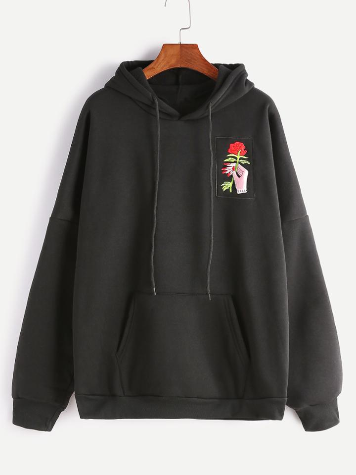 Romwe Black Drop Shoulder Hand Rose Embroidery Hooded Pocket Sweatshirt