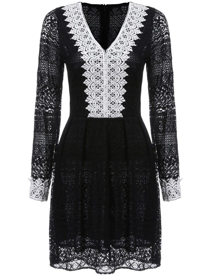 Romwe V Neck Long Sleeve Lace Dress