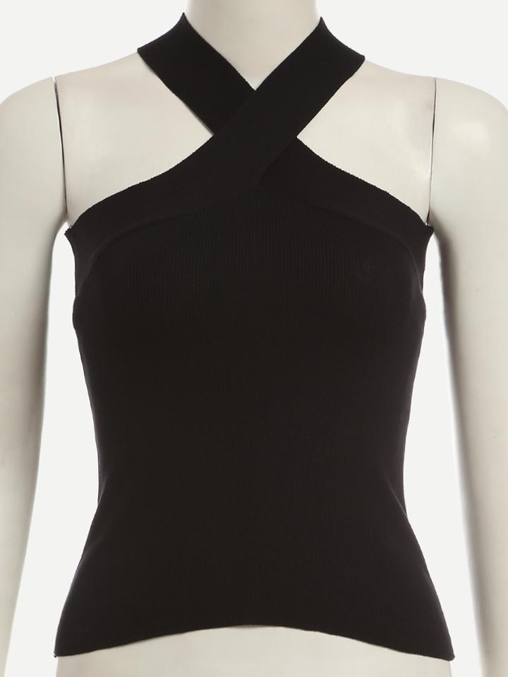 Romwe Black Halter Neck Cross Top