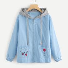 Romwe Pocket Detail Embroidery Hooded Jacket