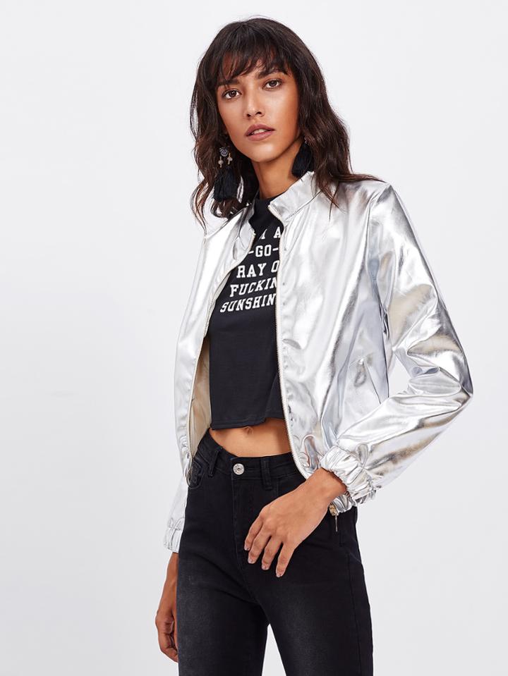 Romwe Elastic Hem Metallic Bomber Jacket