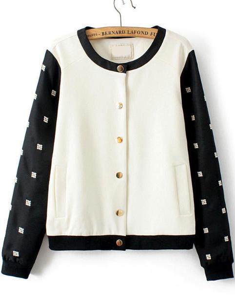 Romwe Colour-block Embroidered Buttons Jacket