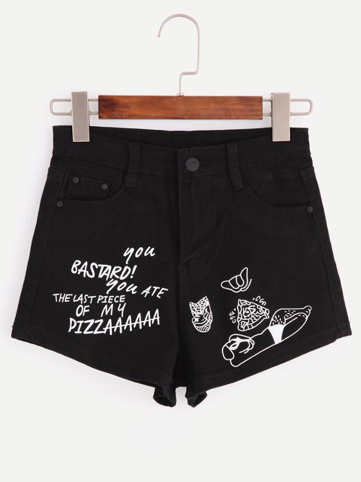 Romwe Black Graffiti Print Shorts
