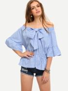 Romwe Blue Off The Shoulder Bow Half Sleeve Blouse