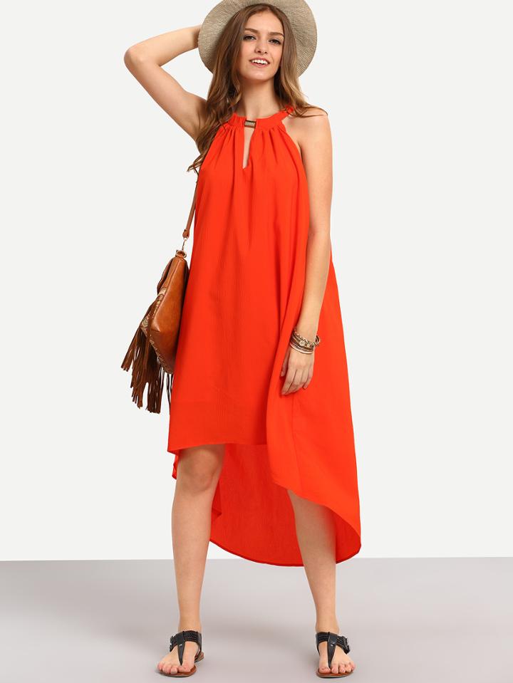 Romwe Red Sleeveless Hollow High Low Shift Dress