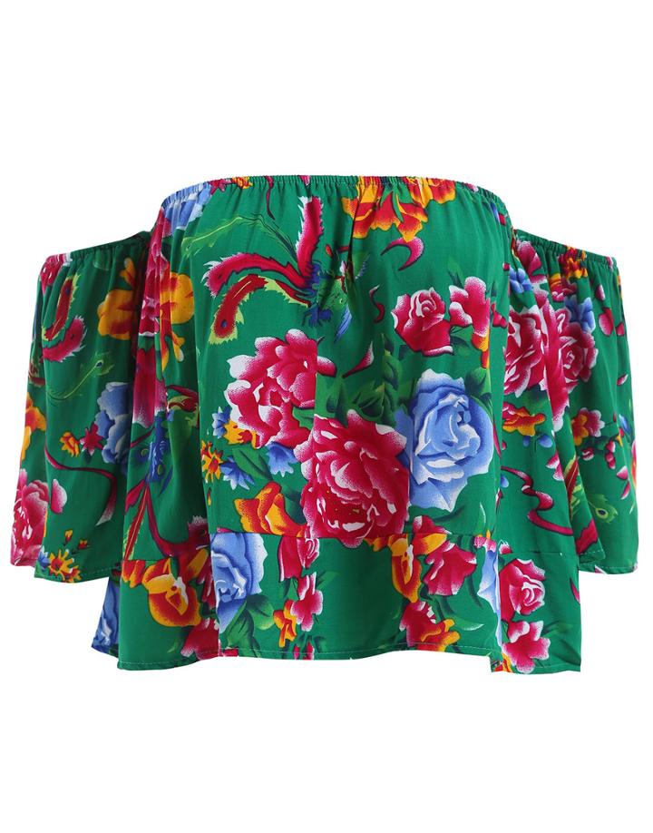 Romwe Off The Shoulder Florals Crop Green Top