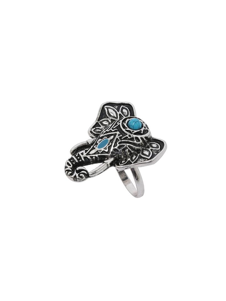 Romwe Turquoise Inlay Etched Antique Silver Elephant Ring