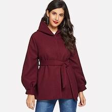 Romwe Belted Bishop Sleeve Hooded Woollen Blend Outerwear