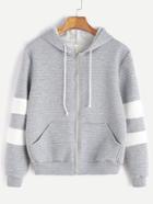 Romwe Grey Sleeve Contrast Trim Zip Up Hooded Pocket Sweatshirt