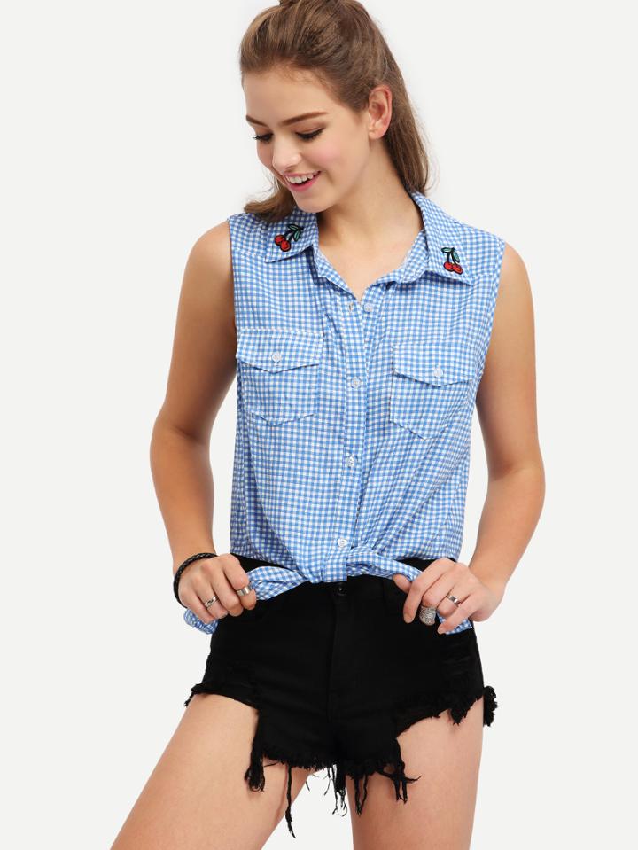 Romwe Light Blue Sleeveless Plaid Embroidered Blouse