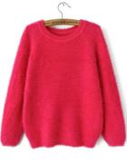 Romwe Rose Red Round Neck Long Sleeve Mohair Loose Sweater