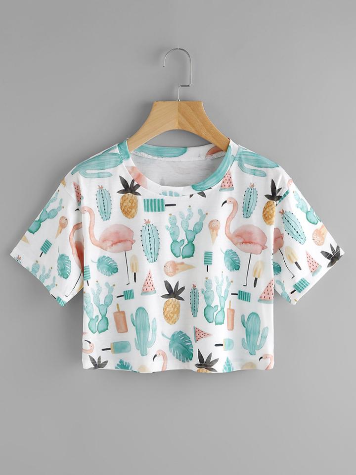 Romwe Allover Printed Random Crop Tee