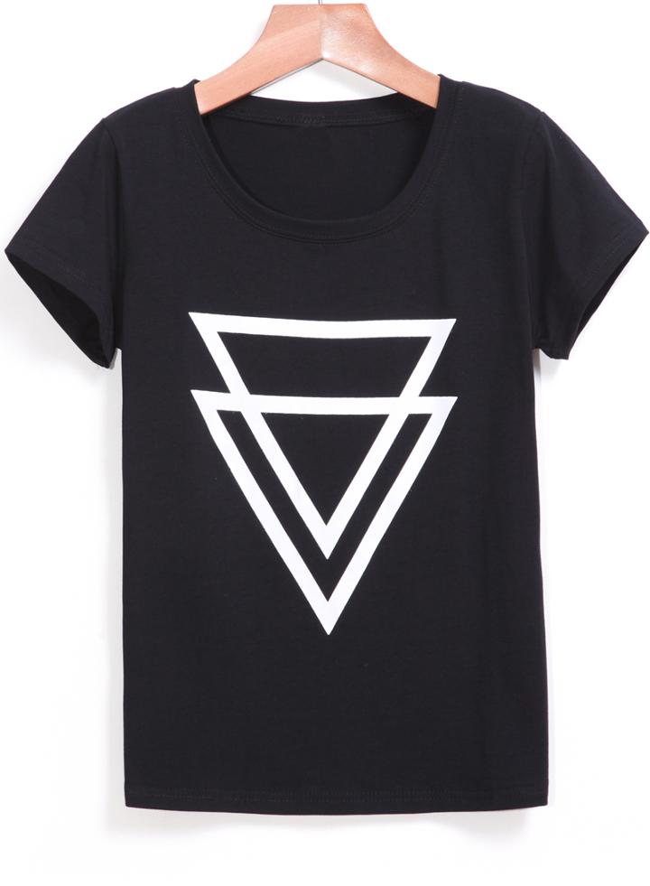 Romwe Round Neck Triangle Print Black T-shirt