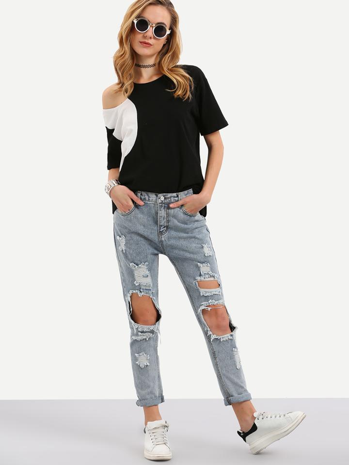 Romwe Grey Ripped Denim Pant