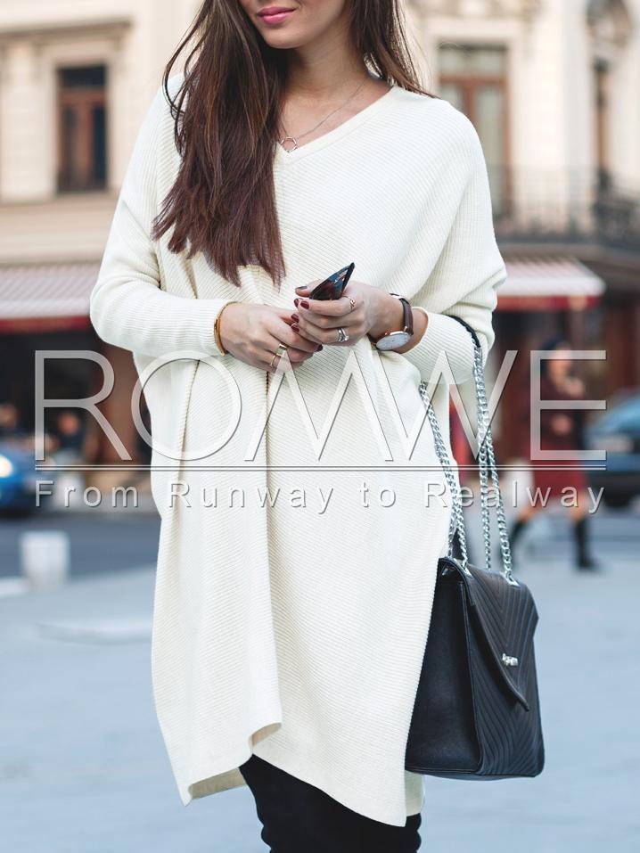 Romwe Beige V Neck Dolman Sleeve Oversized Sweater Dress