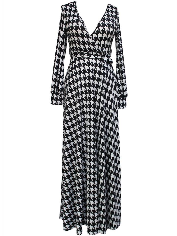 Romwe Deep Plunge Neck Houndstooth Maxi Dress