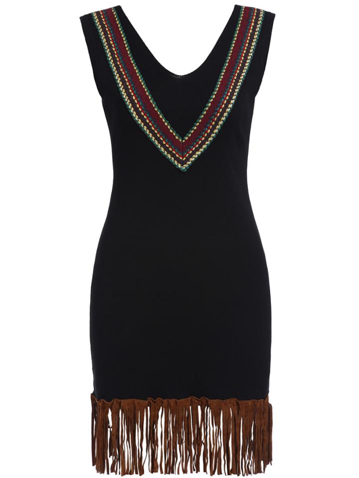 Romwe V Neck Embroidered With Tassel Dress