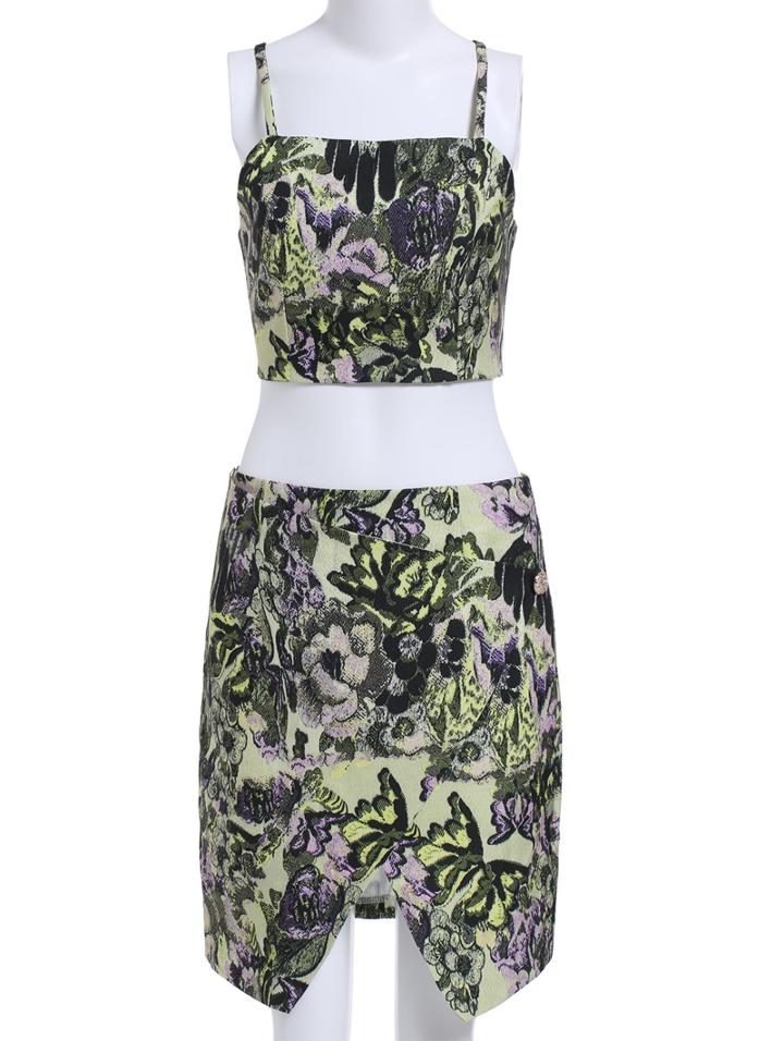Romwe Spaghetti Strap Crop Top With Florals Asymmetrical Hem Skirt