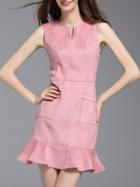 Romwe Pink Pockets Shift Frill Dress
