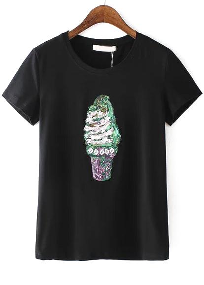 Romwe With Sequined Ice Cream Pattern Black T-shirt