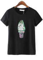 Romwe With Sequined Ice Cream Pattern Black T-shirt