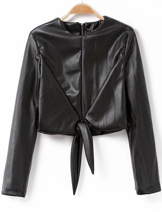Romwe Hem Knot Pu Blouse
